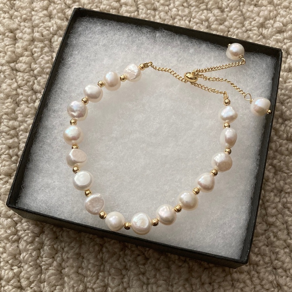 NEW Genuine Pearl Bracelet Adjustable Gold Plated Slider Layering Handmade NIB